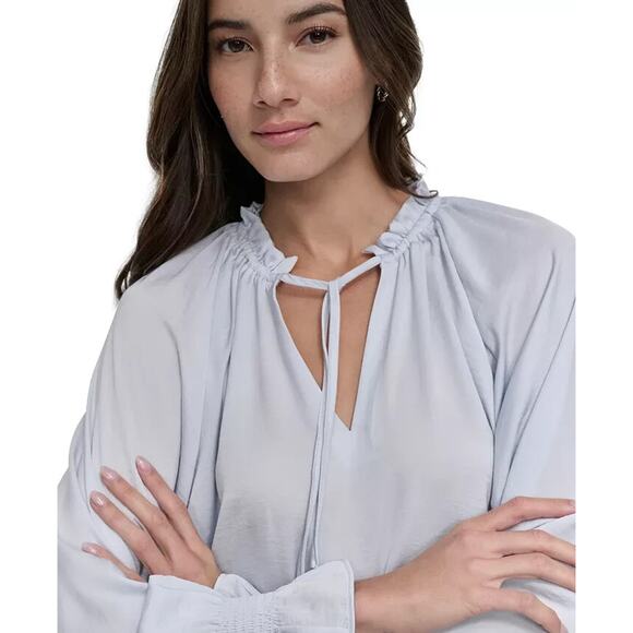 DKNY JEANS Powder Blue Smocked-Cuff Raglan-Sleeve Blouse Top Long Sleeves S NWT - Picture 2 of 5